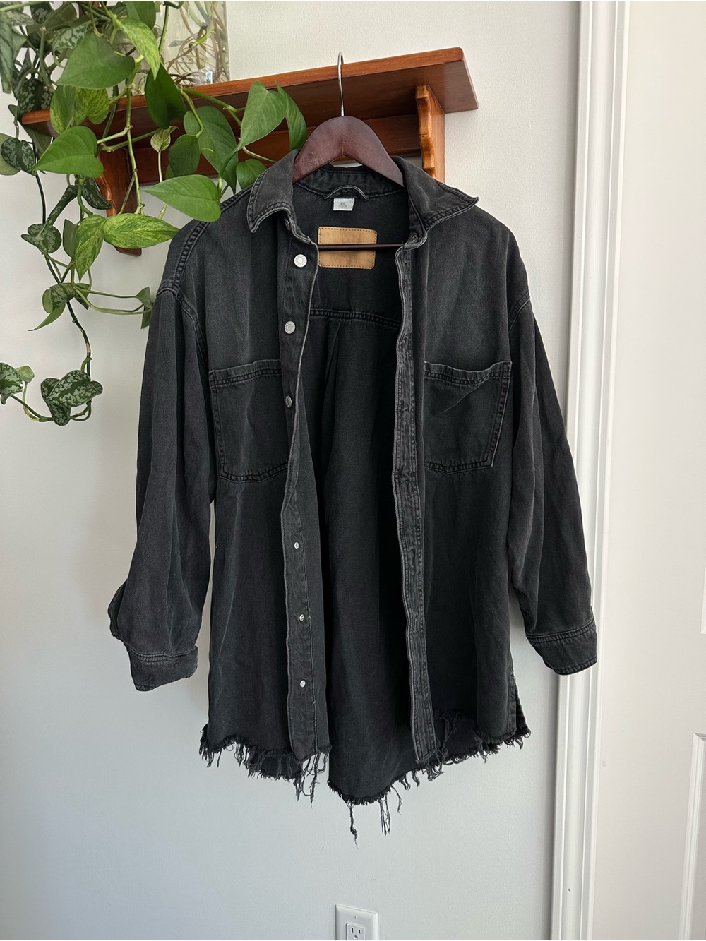 Distressed Black Oversized Button-Up Shirt Jacket